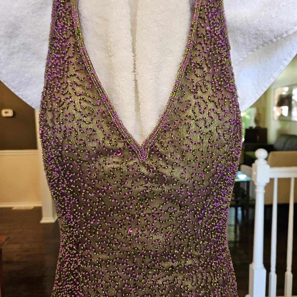 Je Matadi Gown Beaded Silk Fabric Shell Prom Formal Glam Purple Green Dress - Picture 12 of 17